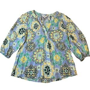 Crown & Ivy Womens Size S Smocked V Neck 3/4 Sleeve Tropical Pineapple Blouse